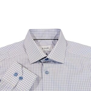 Eton Dress Shirt 15 Mens Blue  Plaid Poplin Medium Contemporary Long Sleeve